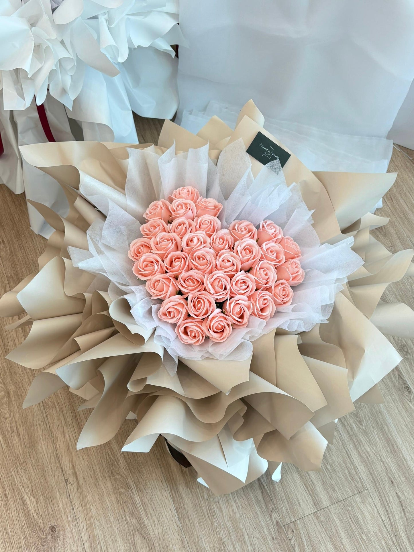 Cynthia Pink Rose 33 Soap Flower Heart Shape Bouquet