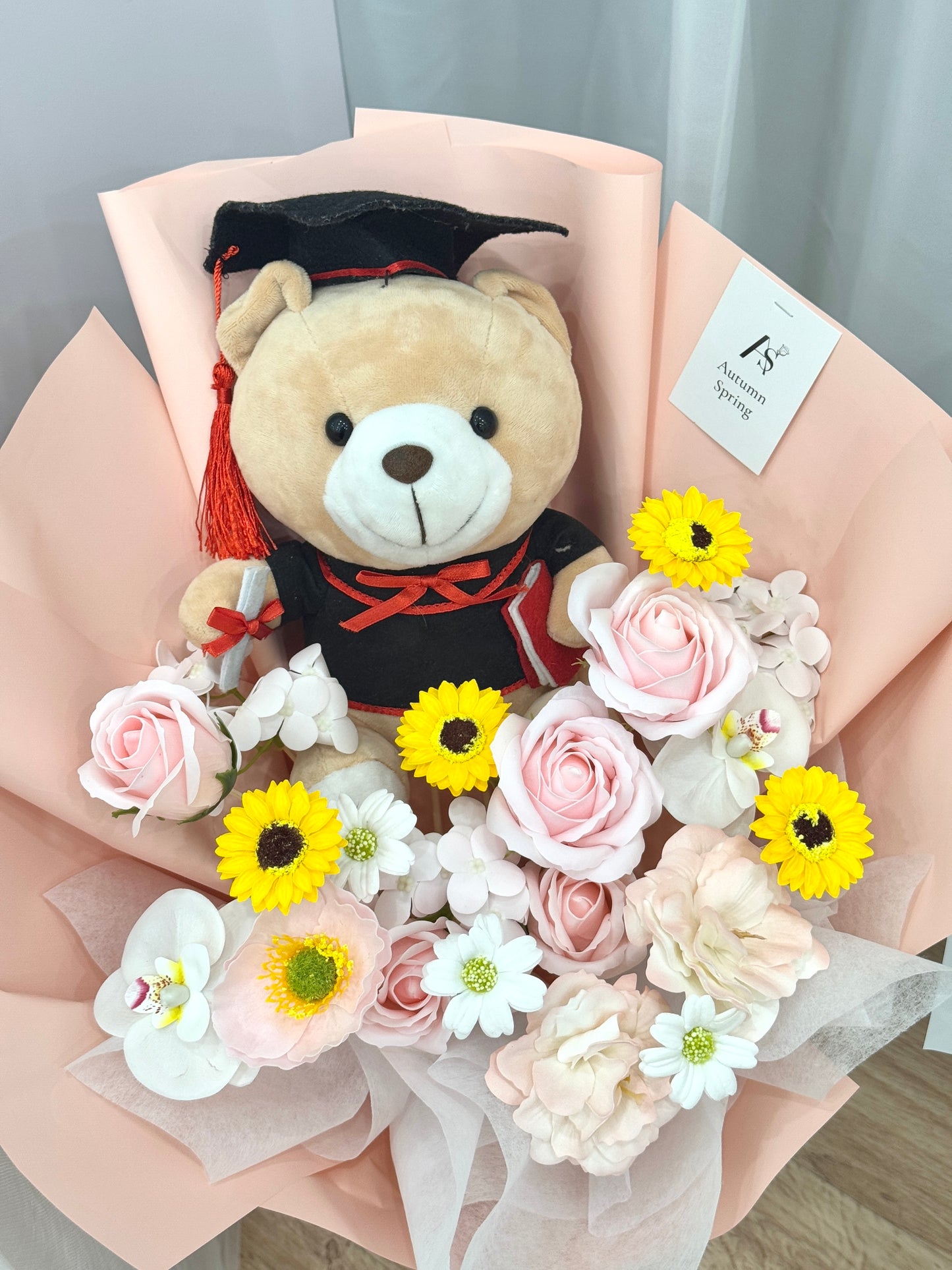 Blossoming Youth Graduation Soap Flower Bouquet with teddybear