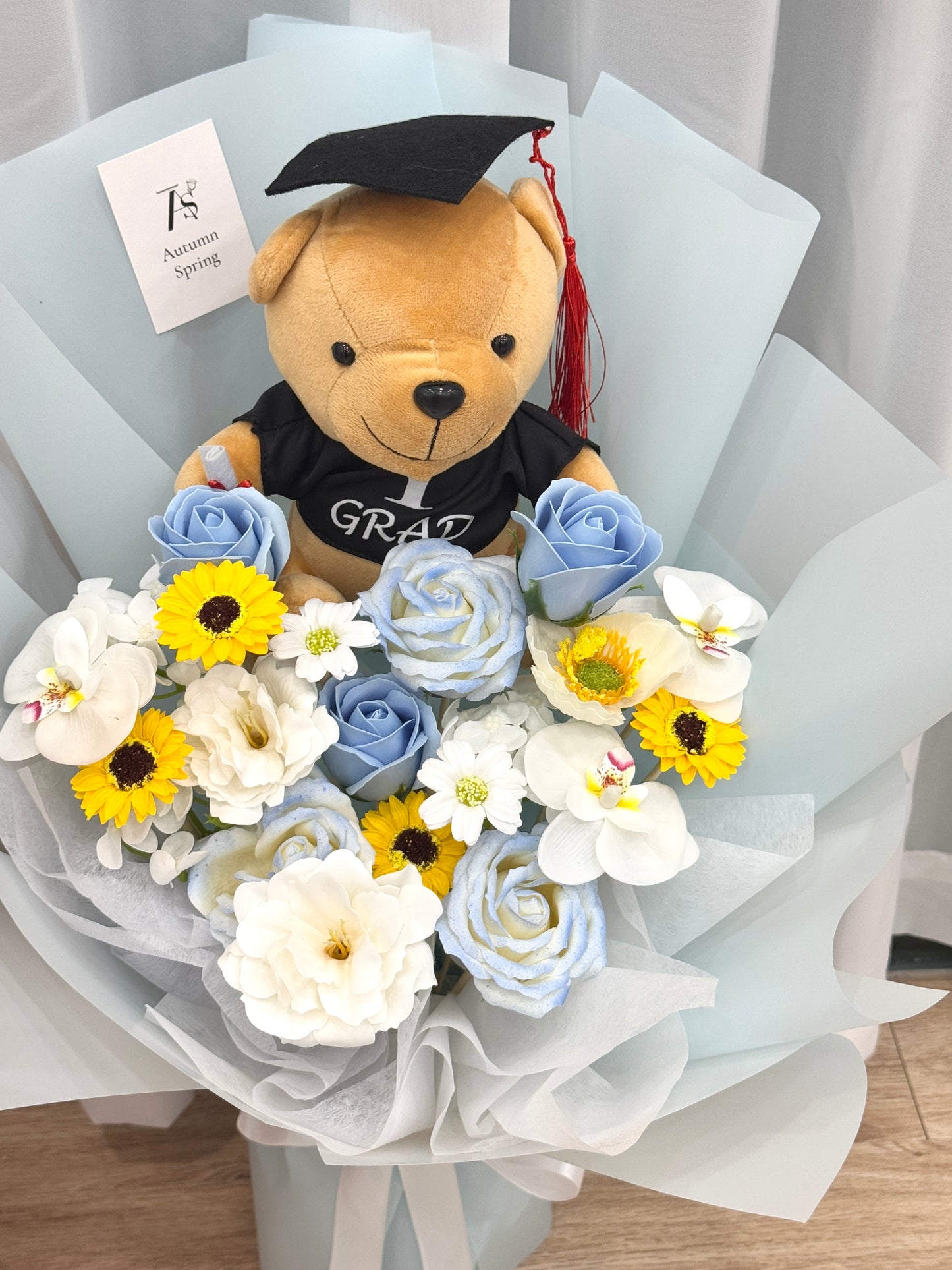 Blue Dream Graduation Soap Flower Bouquet with teddy bear