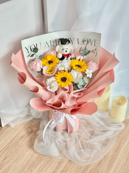 Success in Pink Graduation Soap Flower Bouquet with graduation bear