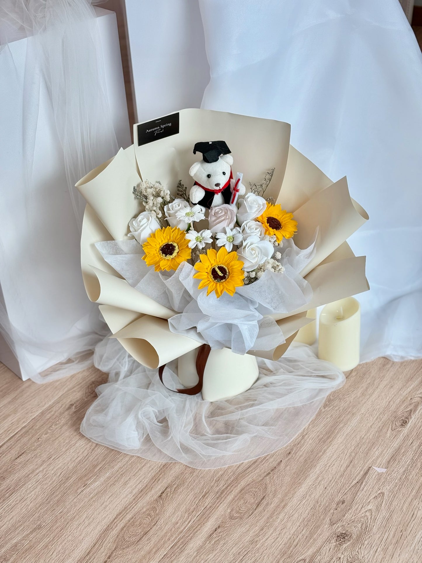 Victory Blooms Soap Flower Bouquet with gruaduation bear