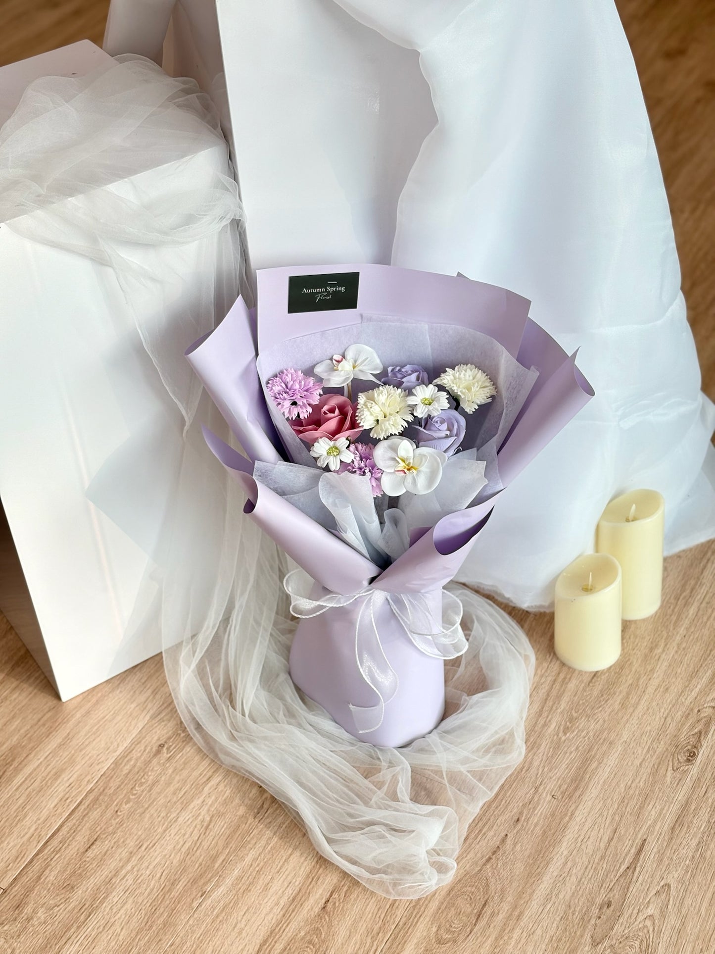 Marshmallow Purple Carnation Soap Flower Bouquet