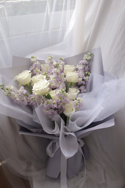 Rapunzel Purple Mathiola & White Rose Bouquet