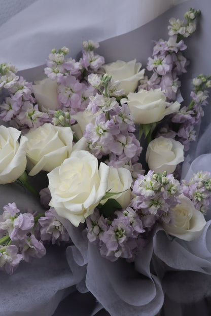 Rapunzel Purple Mathiola & White Rose Bouquet