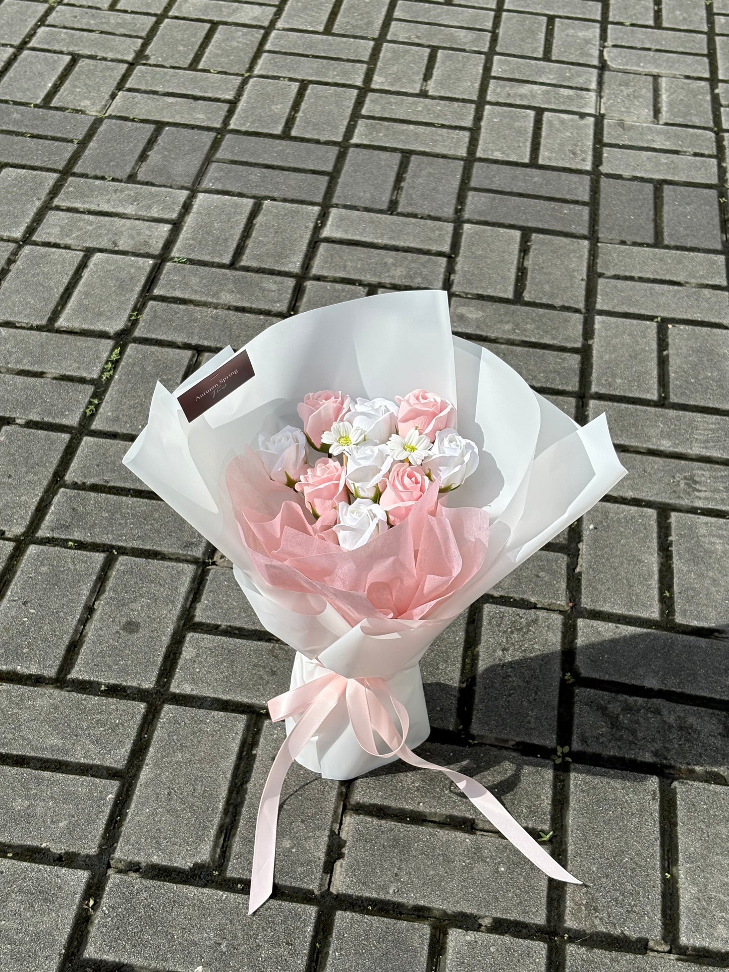Billie pink white soap roses flower bouquet