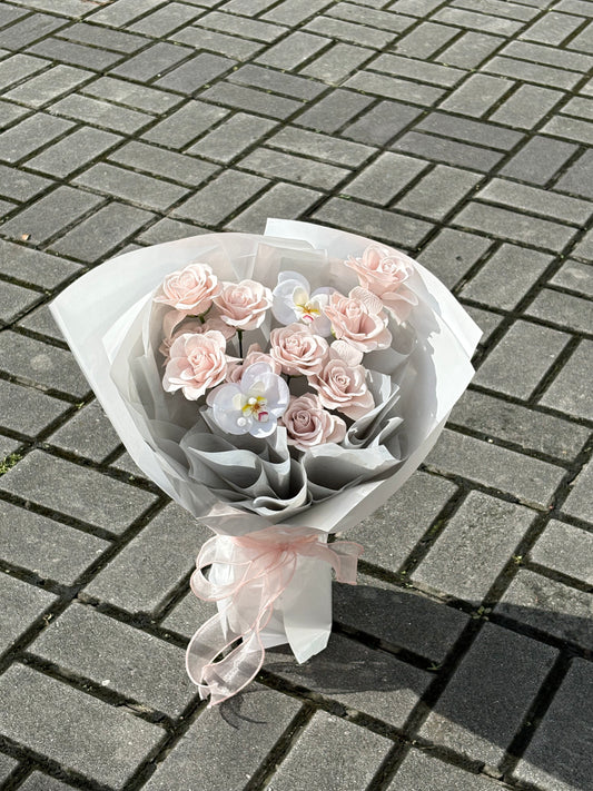 October Manta Soap Roses with Grey Elegance Flower Bouquet