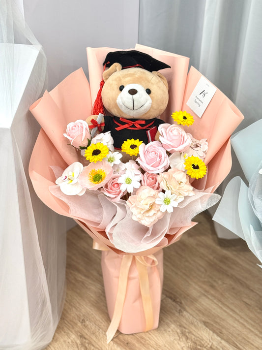 Blossoming Youth Graduation Soap Flower Bouquet with teddybear