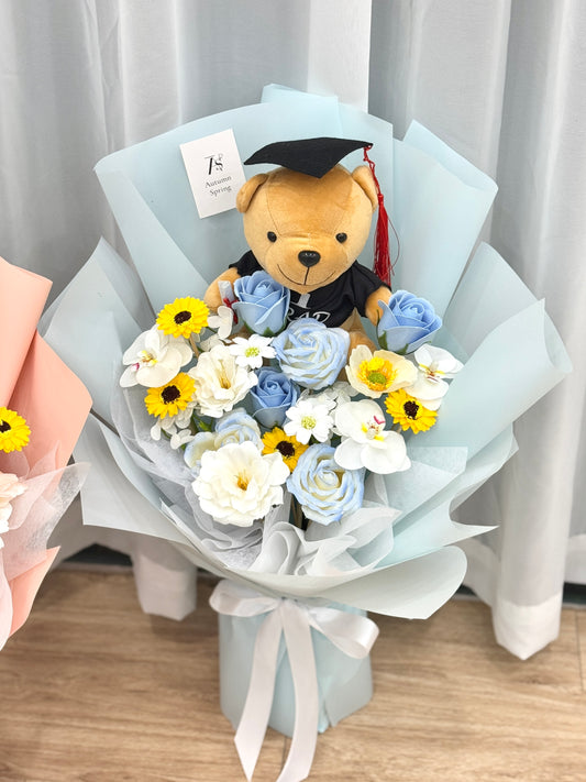 Blue Dream Graduation Soap Flower Bouquet with teddy bear