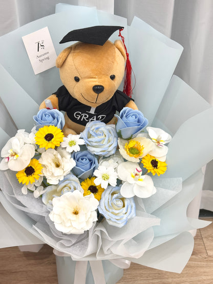 Blue Dream Graduation Soap Flower Bouquet with teddy bear