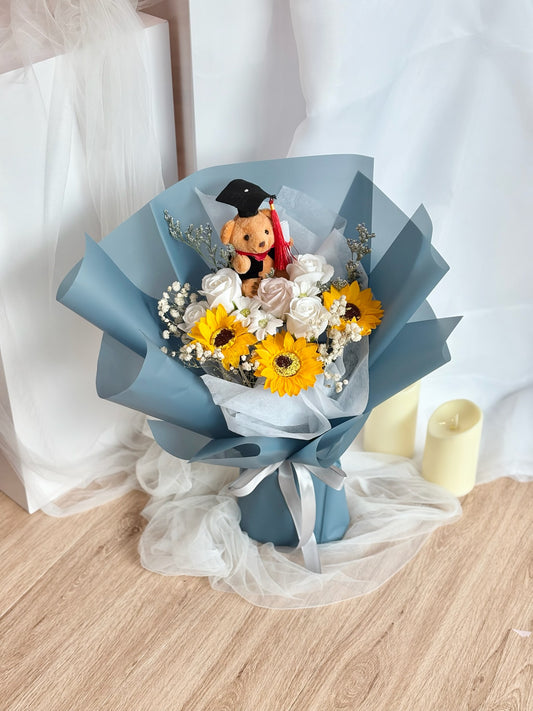 Blue theme Graduation Bear with Soap Rose Bouquet
