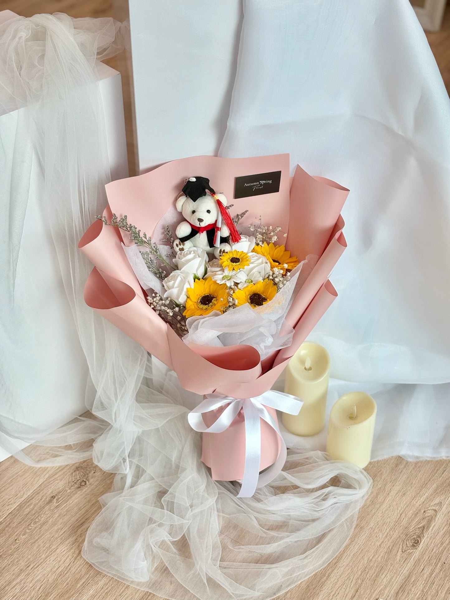 Blossoms of Achievement Graduation Soap Flower Bouquet with bear