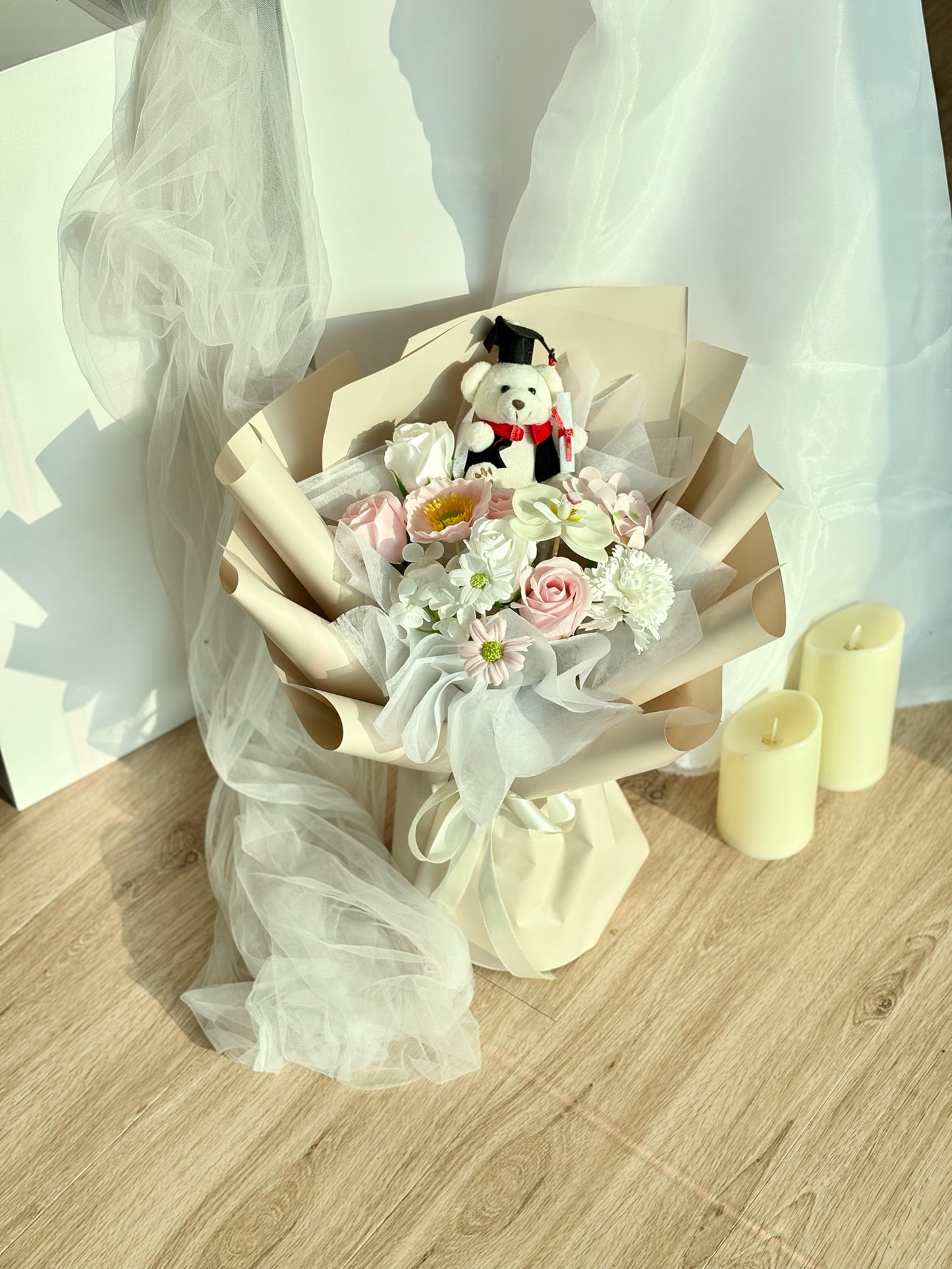 Cap & Blooms Soap Flower Bouquet with bear
