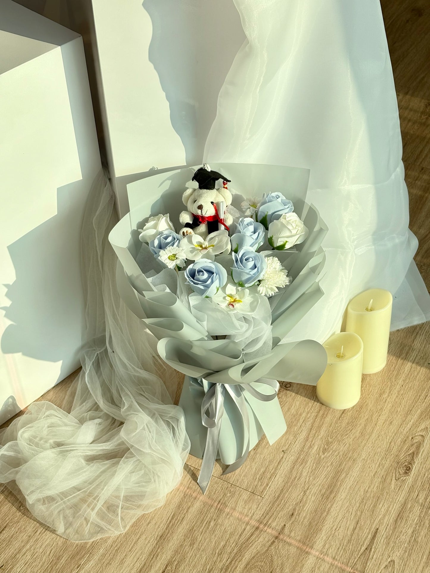 Grad & Glad in Blue Graduation Bear Soap Flower