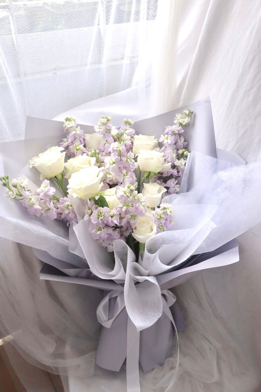 Rapunzel Purple Mathiola & White Rose Bouquet