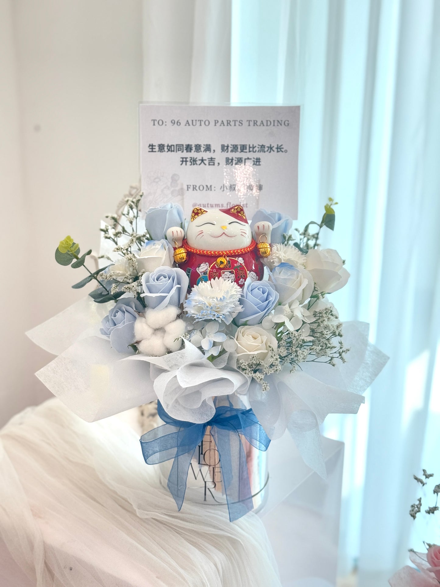 Cute Blue Fortune Cat Soap Opening Flower Box