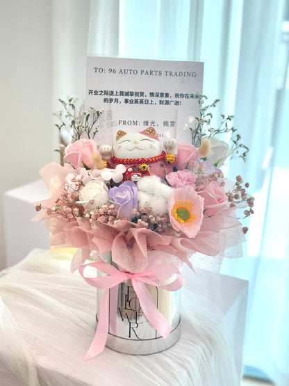 Cute Pink Fortune Cat Soap Opening Flower Box