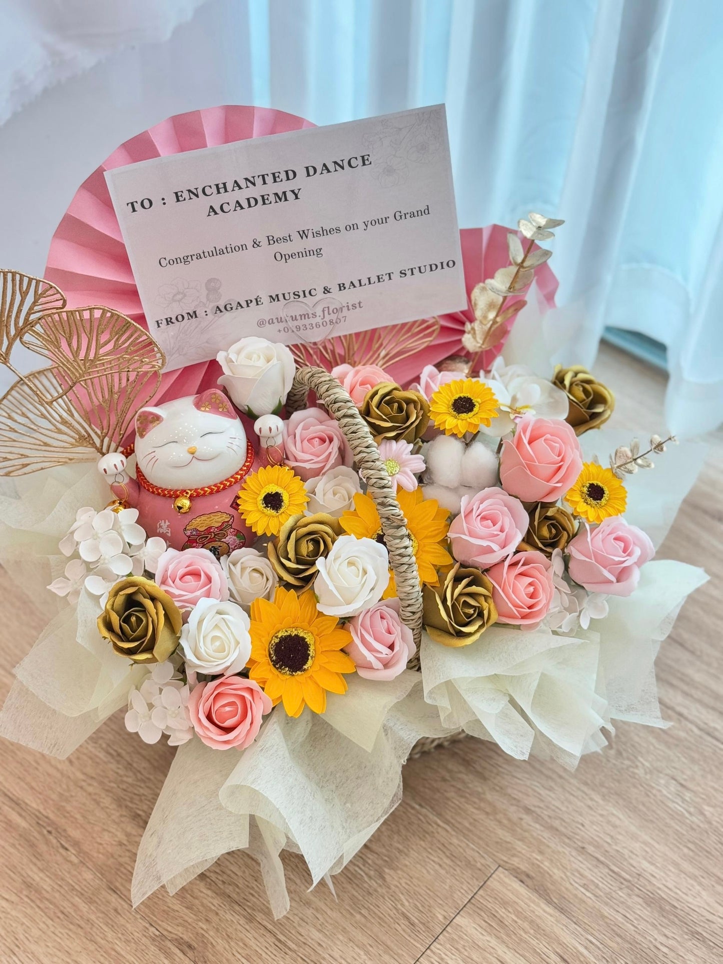 Blossoms of Fortune Opening Flower Basket with fortune cat