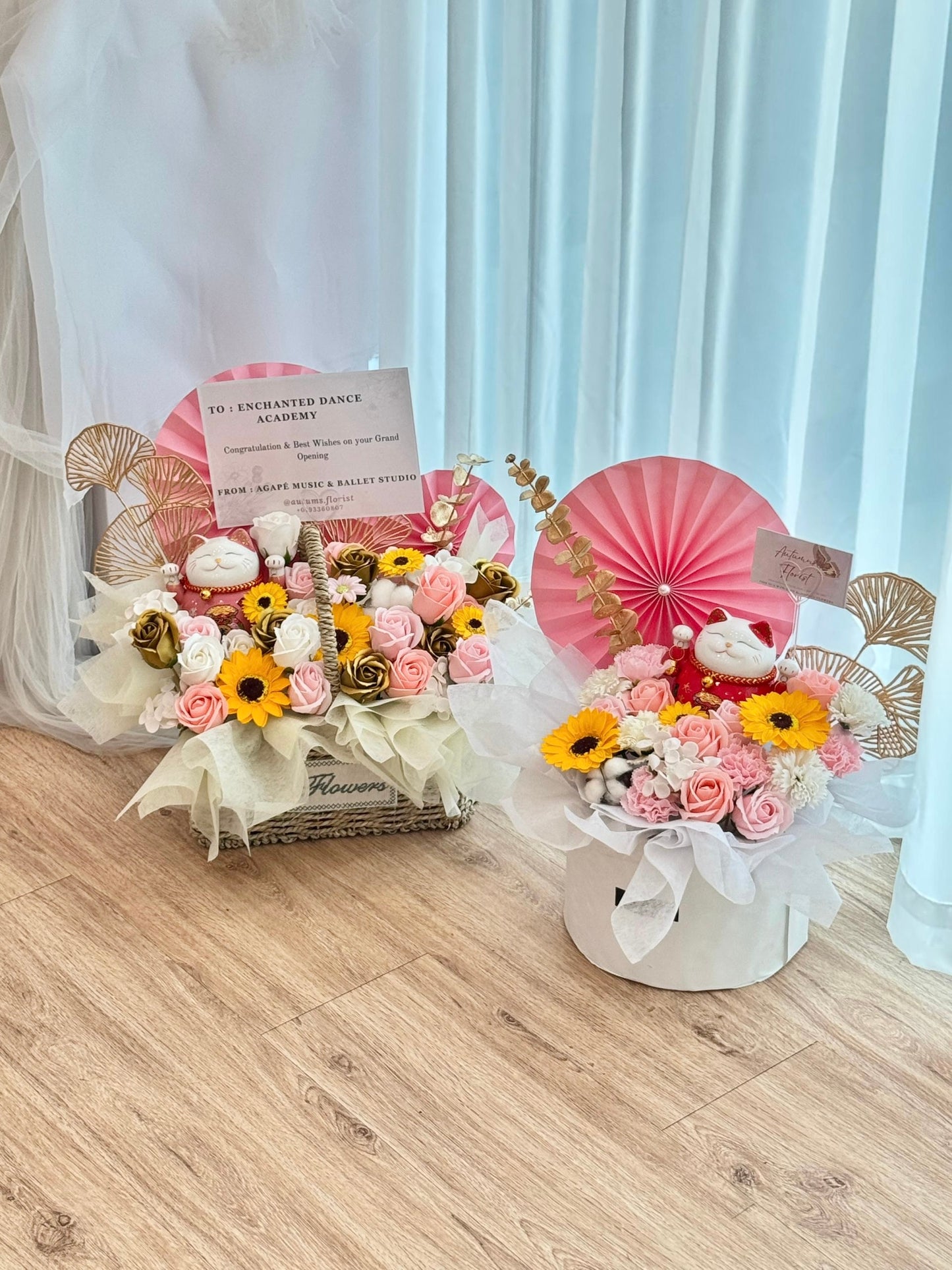 Blossoms of Fortune Opening Flower Basket with fortune cat