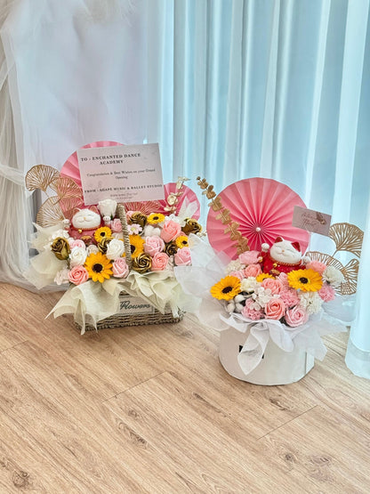 Blossoms of Fortune Opening Flower Basket with fortune cat